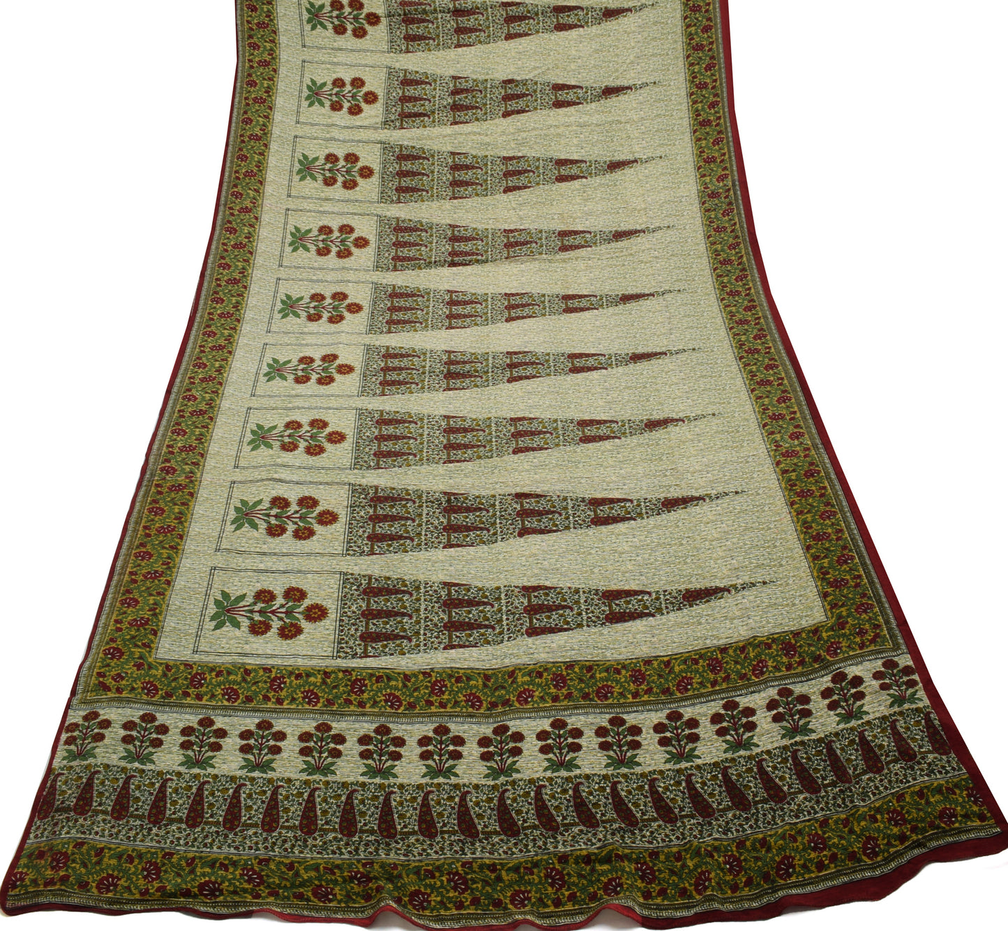 Sushila Vintage Cream Saree Blend Crepe Silk Printed Floral Soft 5 Yard Fabric