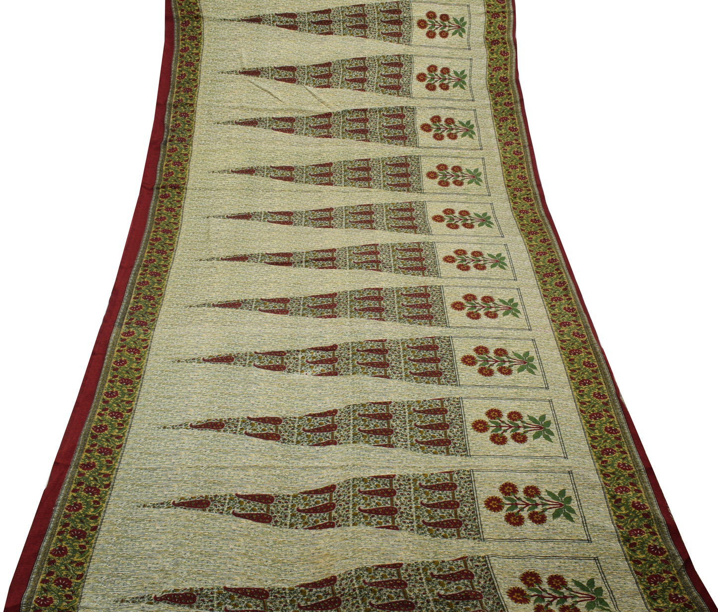 Sushila Vintage Cream Saree Blend Crepe Silk Printed Floral Soft 5 Yard Fabric