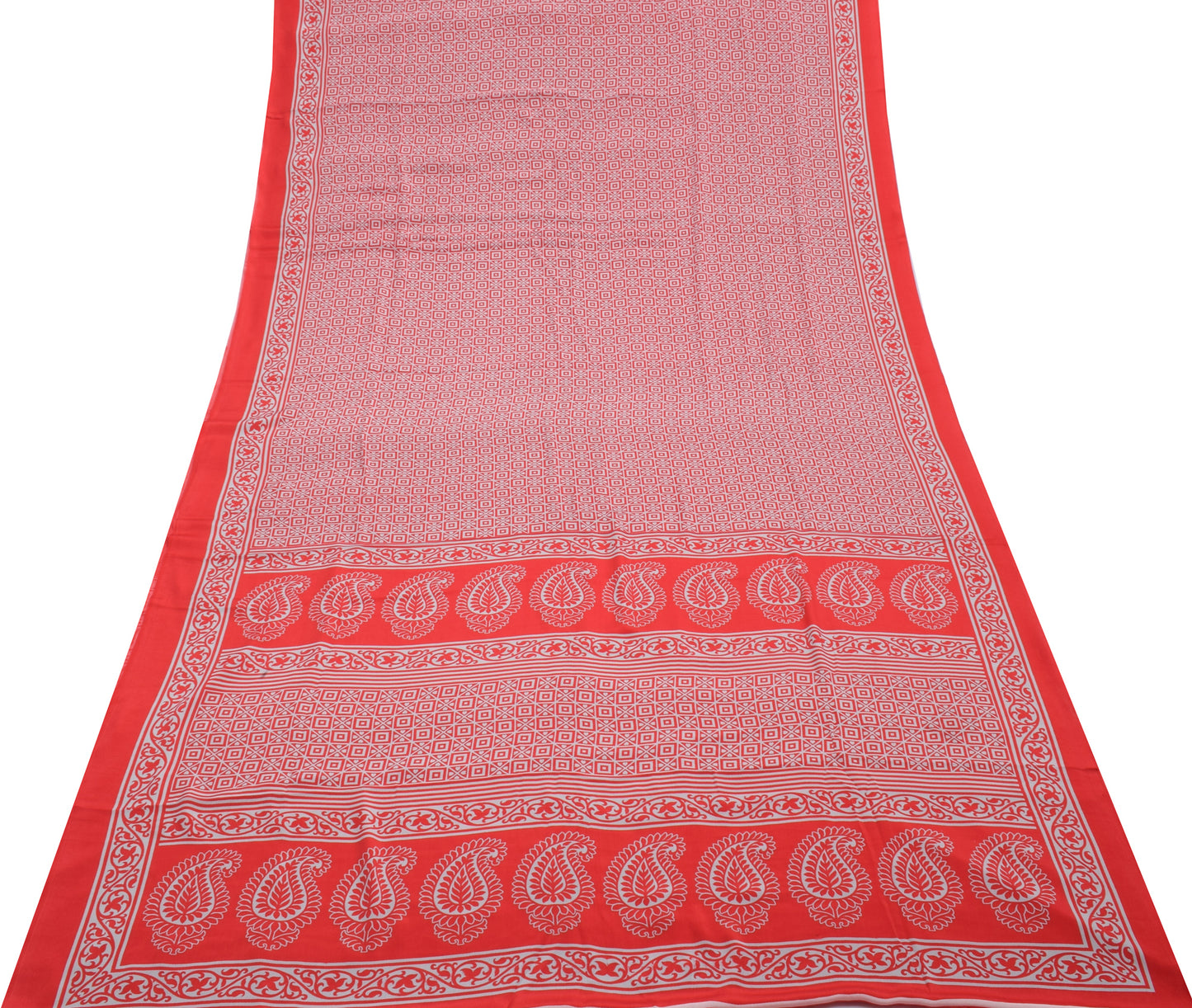 Sushila Vintage Off White Saree Blend Crepe Silk Printed Soft Craft 5 YD Fabric