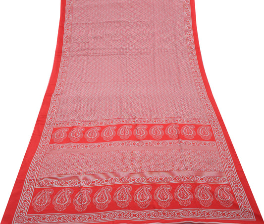 Sushila Vintage Off White Saree Blend Crepe Silk Printed Soft Craft 5 YD Fabric