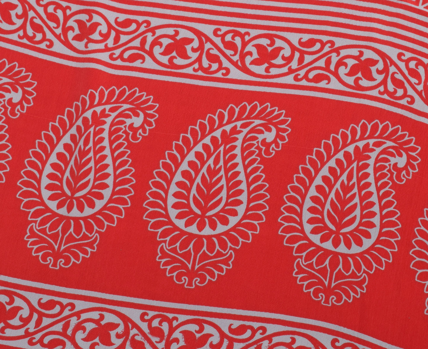 Sushila Vintage Off White Saree Blend Crepe Silk Printed Soft Craft 5 YD Fabric