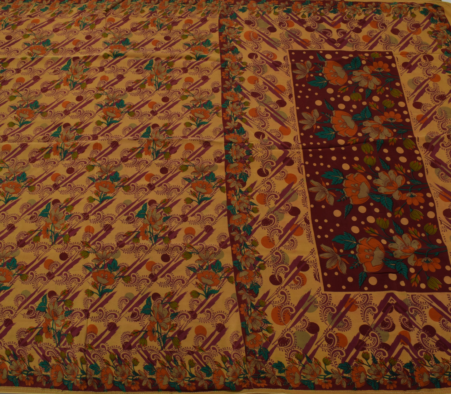 Sushila Vintage Light Brown Saree Pure Crepe Silk Printed Floral Soft Fabric