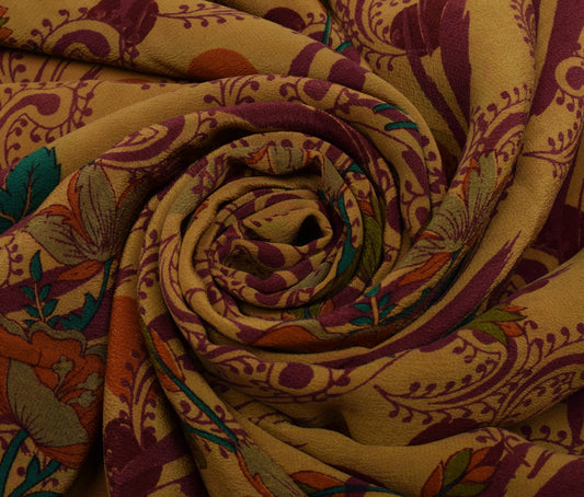 Sushila Vintage Light Brown Saree Pure Crepe Silk Printed Floral Soft Fabric