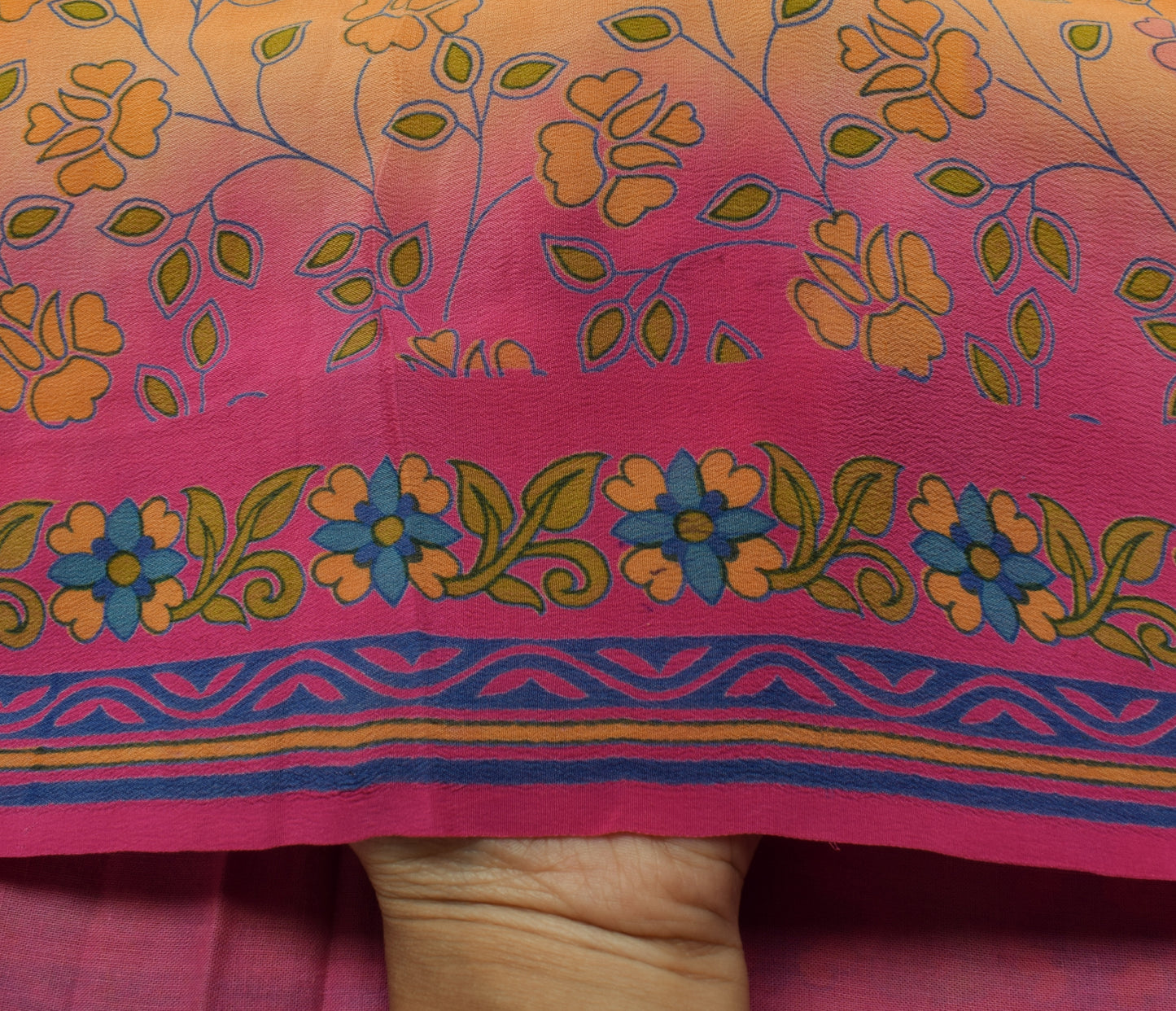 Sushila Vintage Orange Saree 100% Pure Crepe Silk Printed Floral Soft Fabric