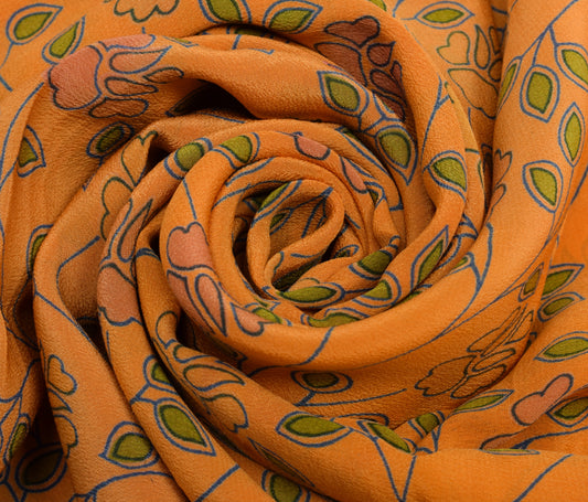 Sushila Vintage Orange Saree 100% Pure Crepe Silk Printed Floral Soft Fabric