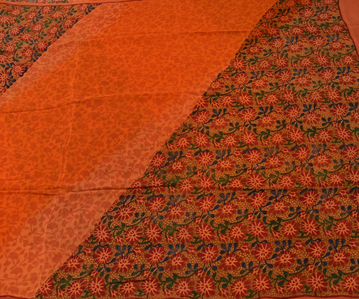 Sushila Vintage Orange Saree 100% Pure Crepe Silk Printed Floral Soft Fabric