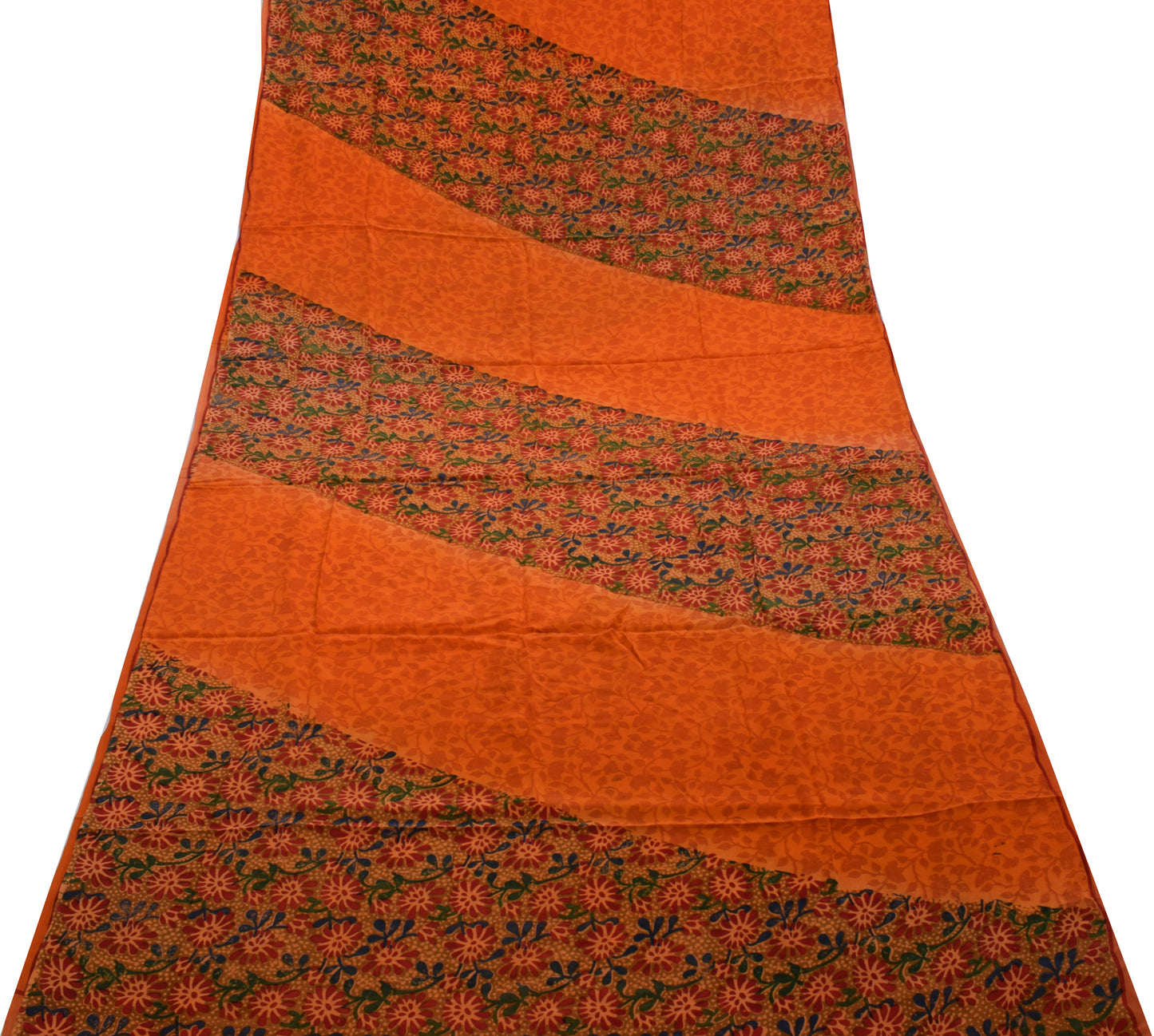 Sushila Vintage Orange Saree 100% Pure Crepe Silk Printed Floral Soft Fabric