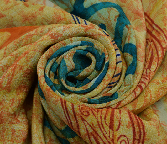 Sushila Vintage Indian Saree 100% Pure Crepe Silk Printed Soft Craft Fabric