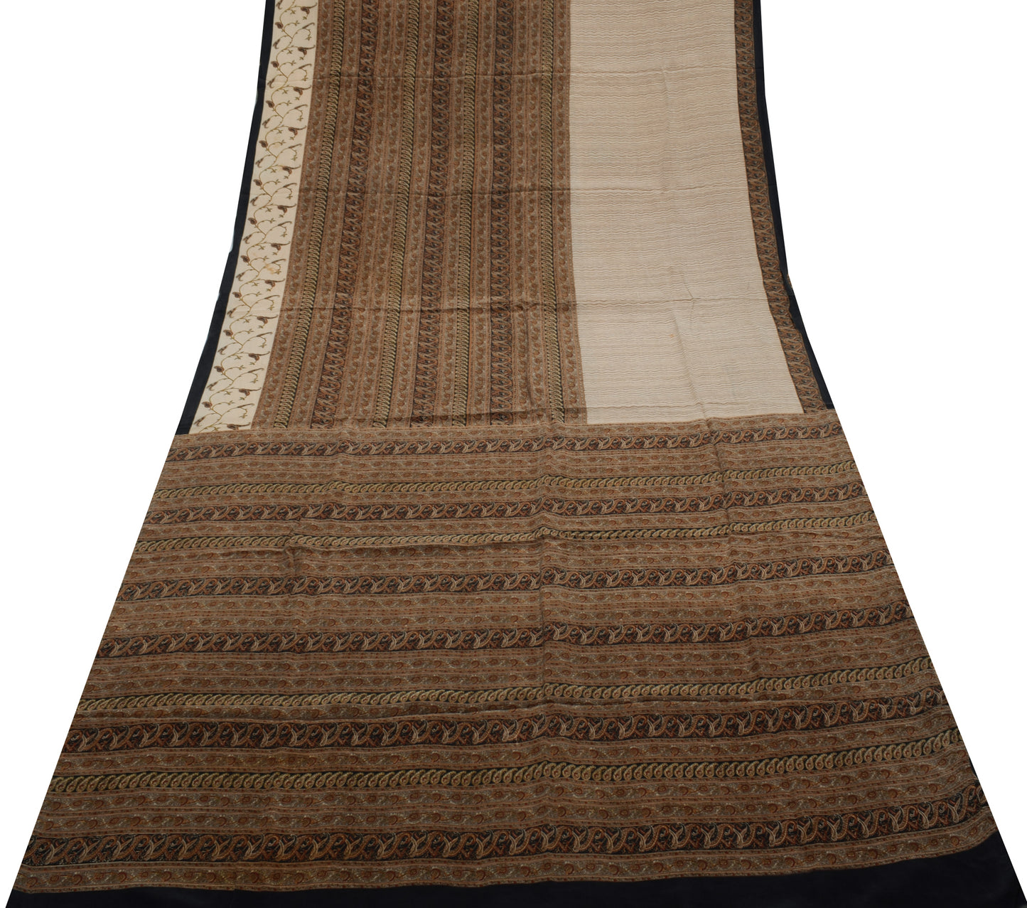 Sushila Vintage Cream Indian Saree 100% Pure Crepe Silk Printed Soft Fabric