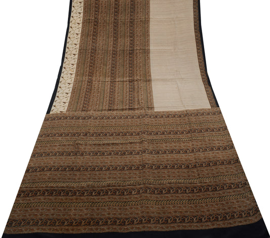 Sushila Vintage Cream Indian Saree 100% Pure Crepe Silk Printed Soft Fabric