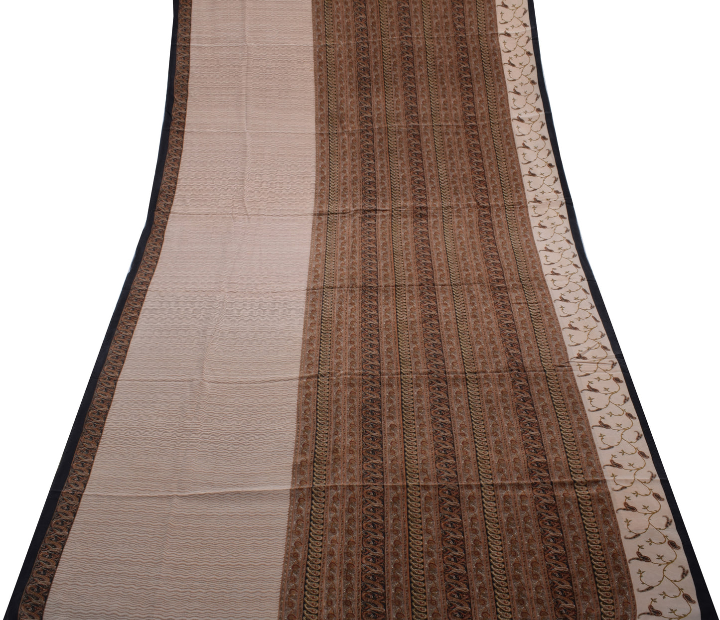 Sushila Vintage Cream Indian Saree 100% Pure Crepe Silk Printed Soft Fabric