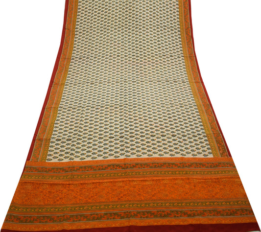 Sushila Vintage Cream Saree 100% Pure Crepe Silk Printed Floral Soft Fabric