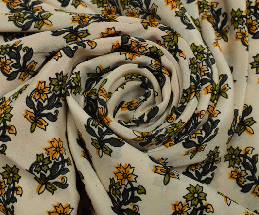 Sushila Vintage Cream Saree 100% Pure Crepe Silk Printed Floral Soft Fabric
