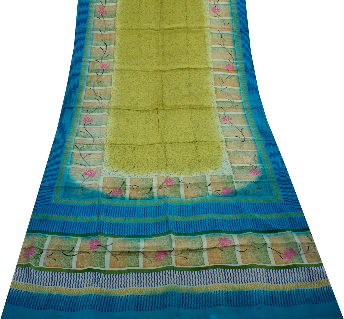 Sushila Vintage Green Saree 100% Pure Crepe Silk Printed Floral Soft Sari Fabric