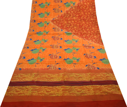 Sushila Vintage Orange Saree 100% Pure Crepe Silk Printed Floral Soft Fabric