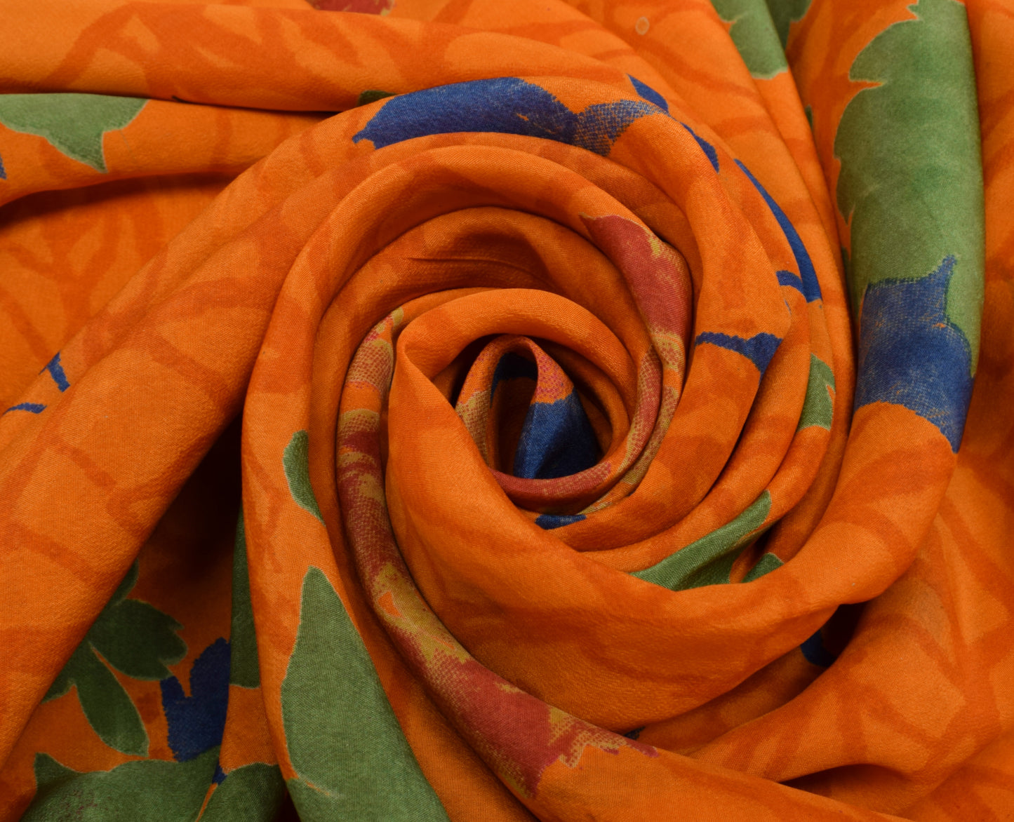 Sushila Vintage Orange Saree 100% Pure Crepe Silk Printed Floral Soft Fabric