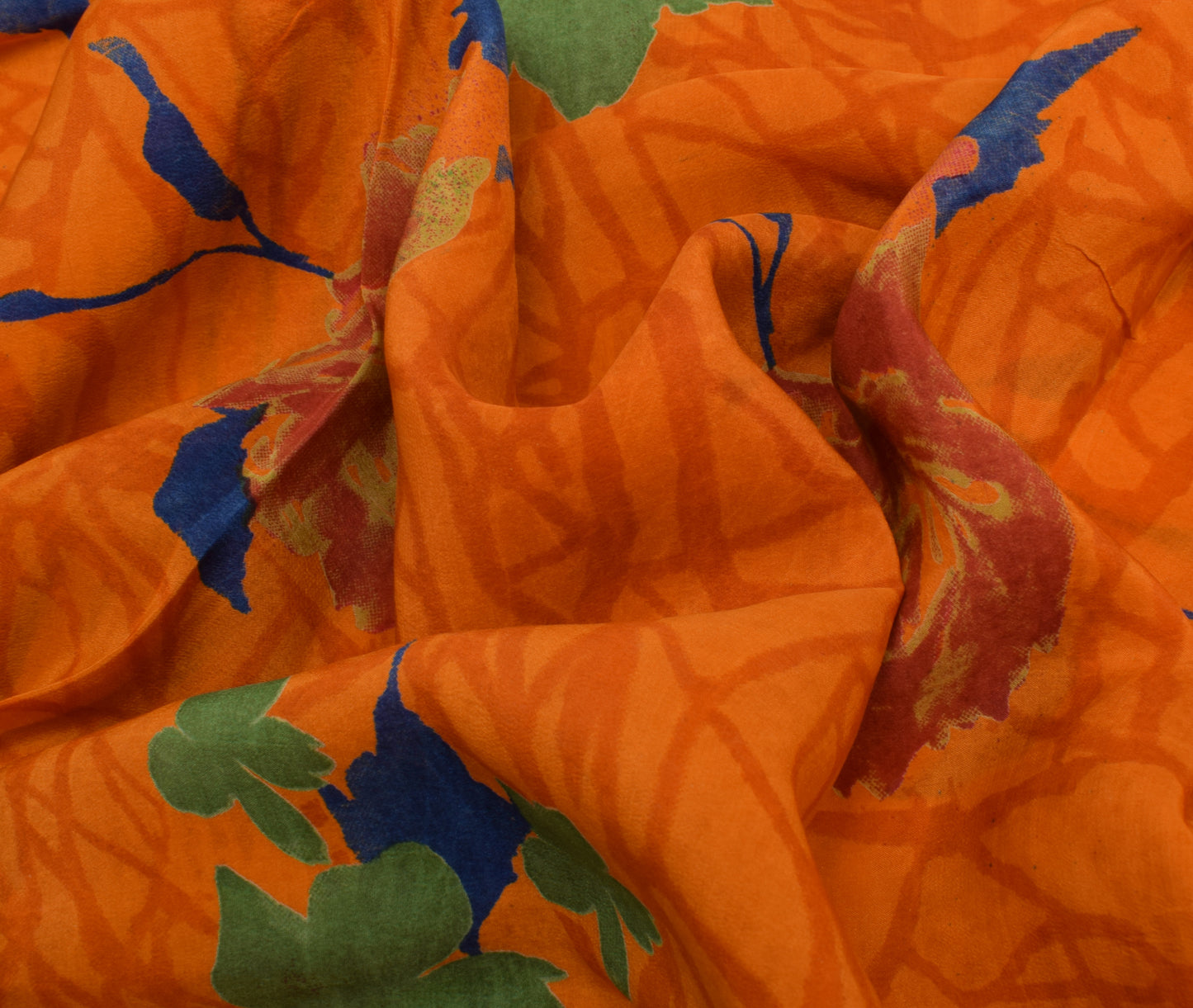 Sushila Vintage Orange Saree 100% Pure Crepe Silk Printed Floral Soft Fabric