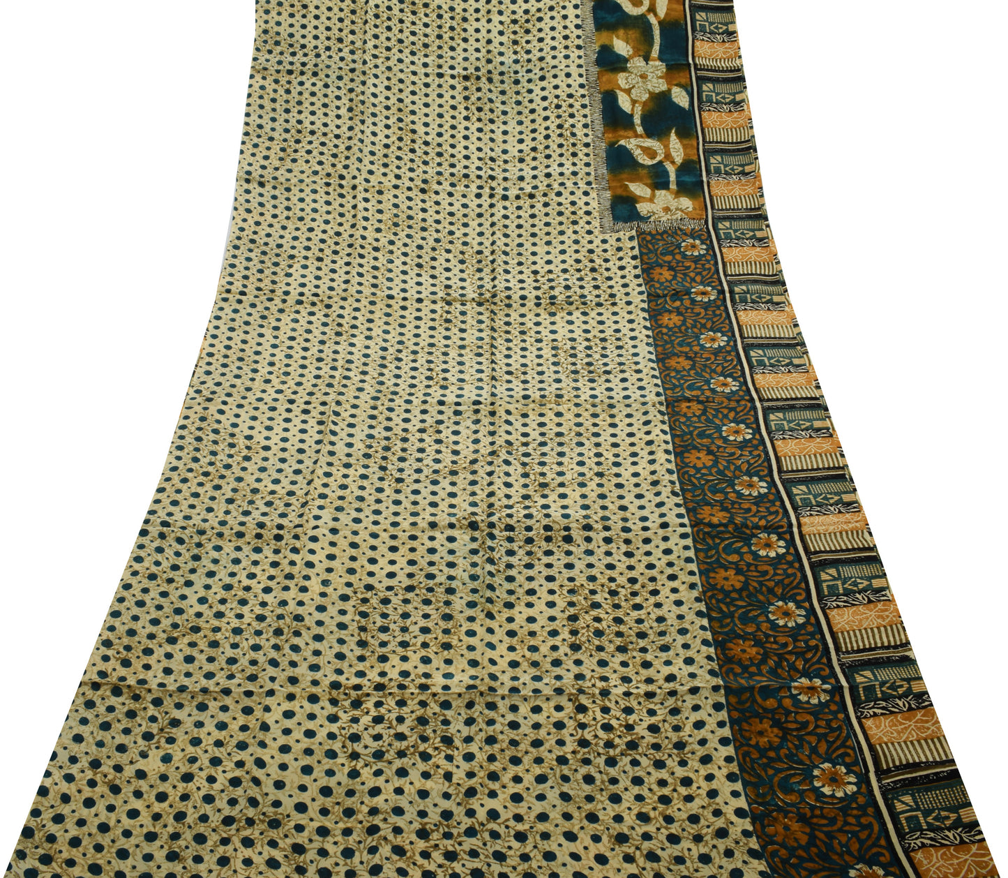 Sushila Vintage Cream Saree 100% Pure Crepe Silk Printed Polka Dots Soft Fabric