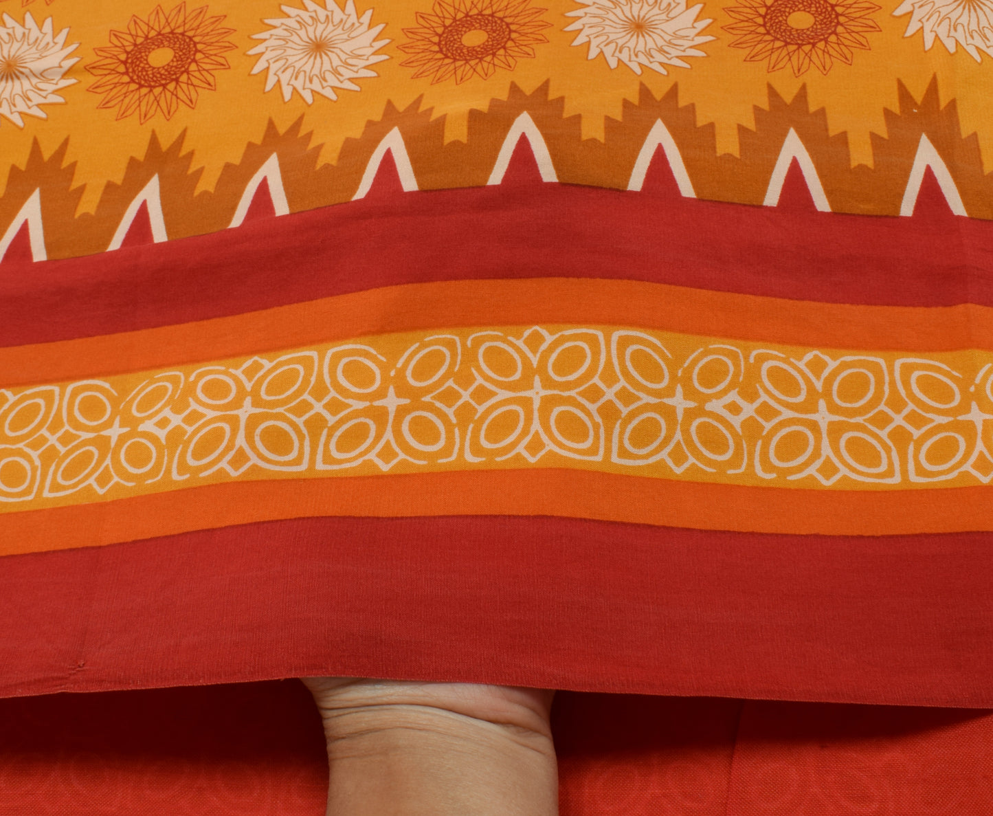 Sushila Vintage Mustard Saree 100% Pure Crepe Silk Printed Zig-Zag Soft Fabric