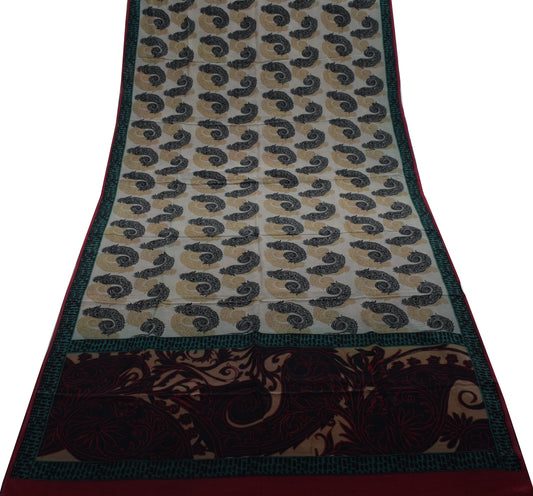 Sushila Vintage Gray Branded Saree 100% Pure Crepe Silk Printed Paisley Fabric