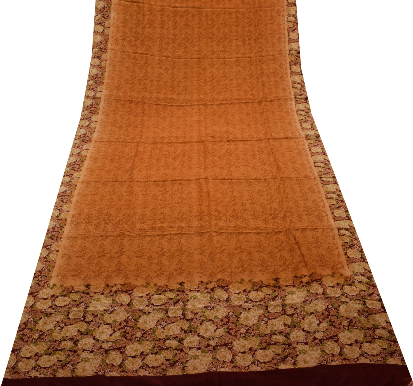 Sushila Vintage Brown Saree 100% Pure Crepe Silk Printed Floral Soft Fabric