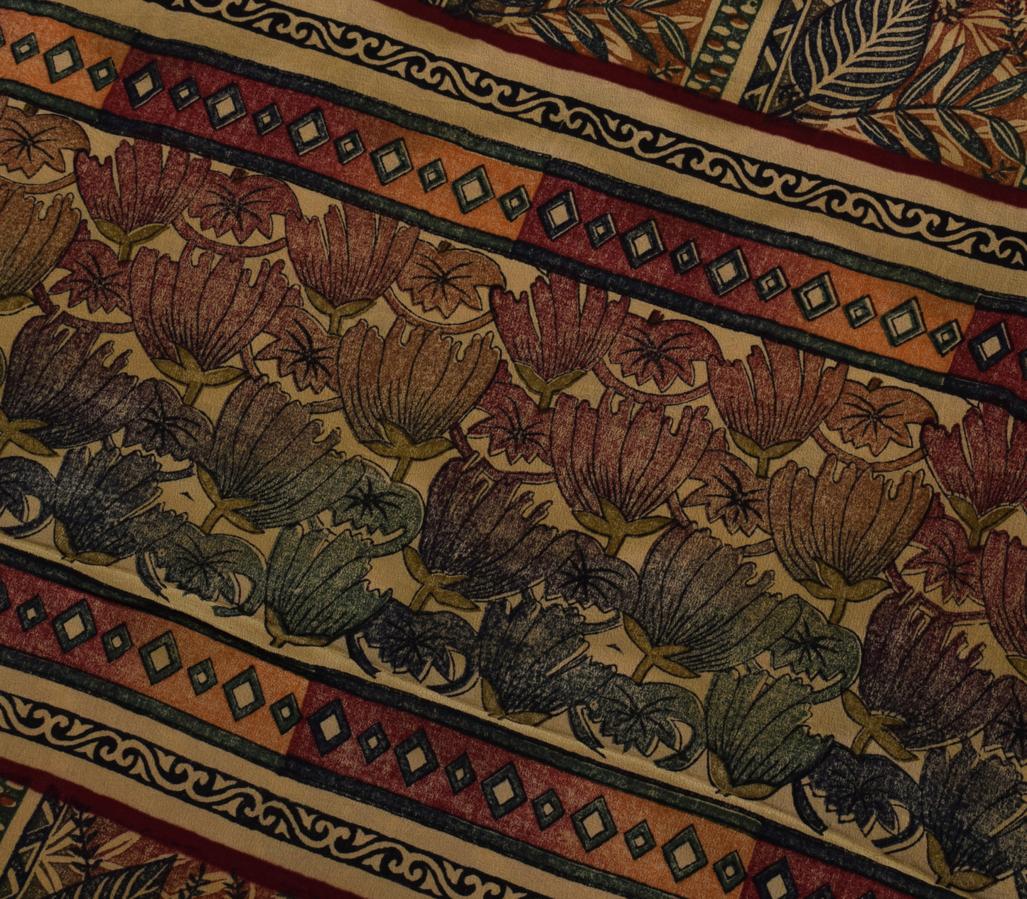 Sushila Vintage Indian Saree 100% Pure Crepe Silk Printed Floral Soft Fabric