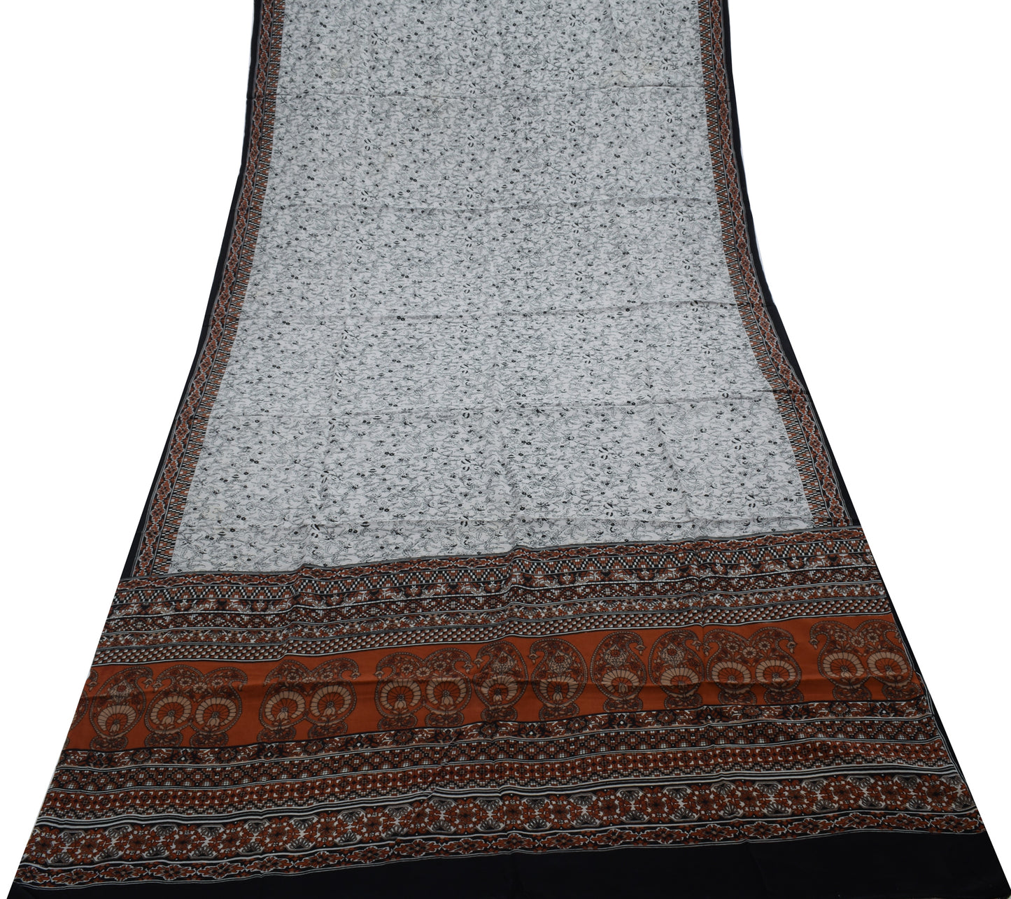 Sushila Vintage Gray Saree 100% Pure Crepe Silk Printed Floral Soft Craft Fabric