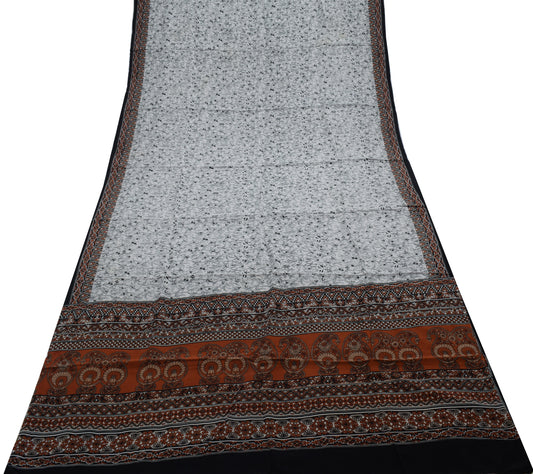 Sushila Vintage Gray Saree 100% Pure Crepe Silk Printed Floral Soft Craft Fabric