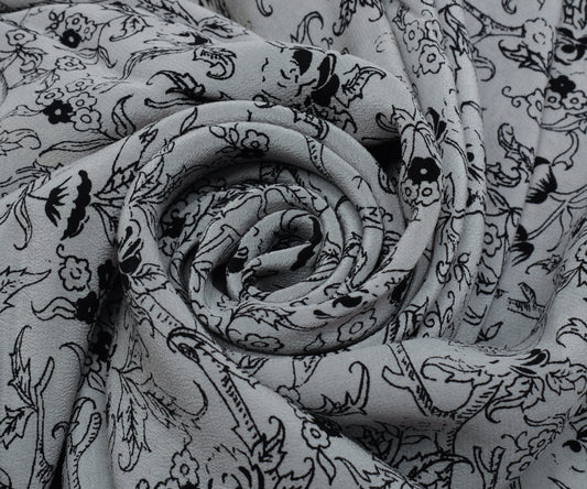 Sushila Vintage Gray Saree 100% Pure Crepe Silk Printed Floral Soft Craft Fabric