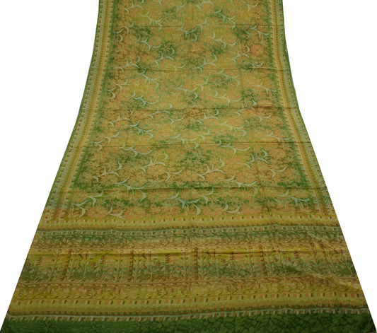 Sushila Vintage Green Saree 100% Pure Crepe Silk Printed Floral Soft 5 YD Fabric