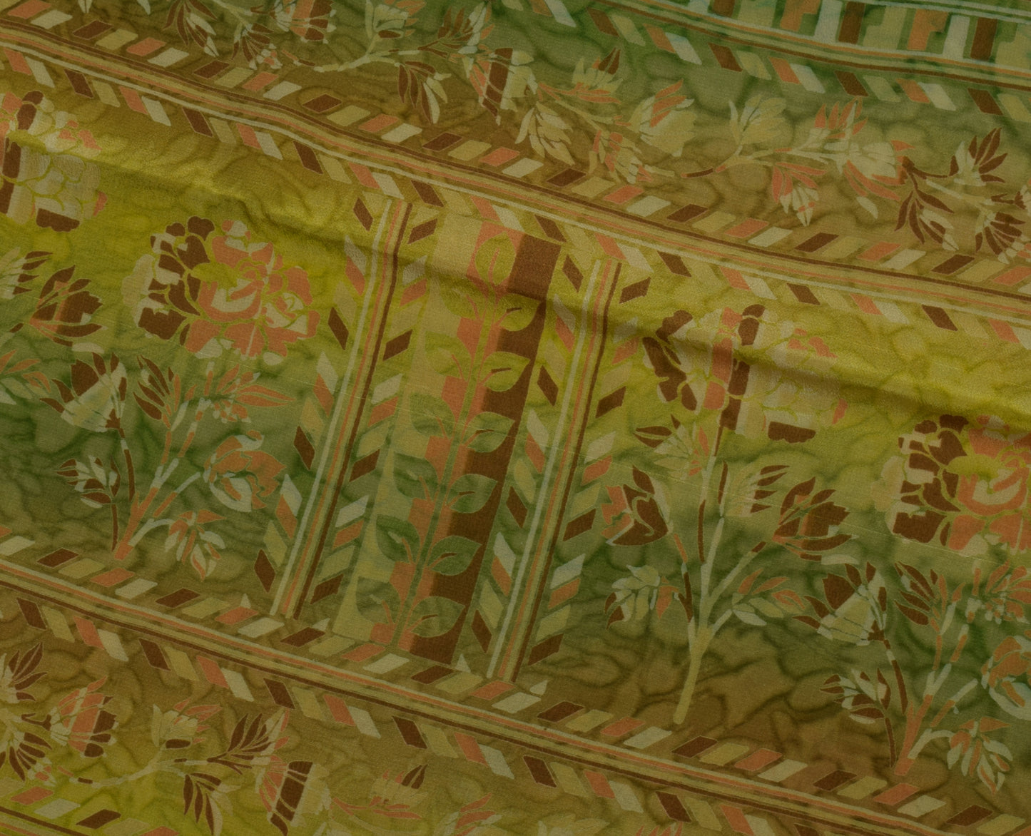 Sushila Vintage Green Saree 100% Pure Crepe Silk Printed Floral Soft 5 YD Fabric