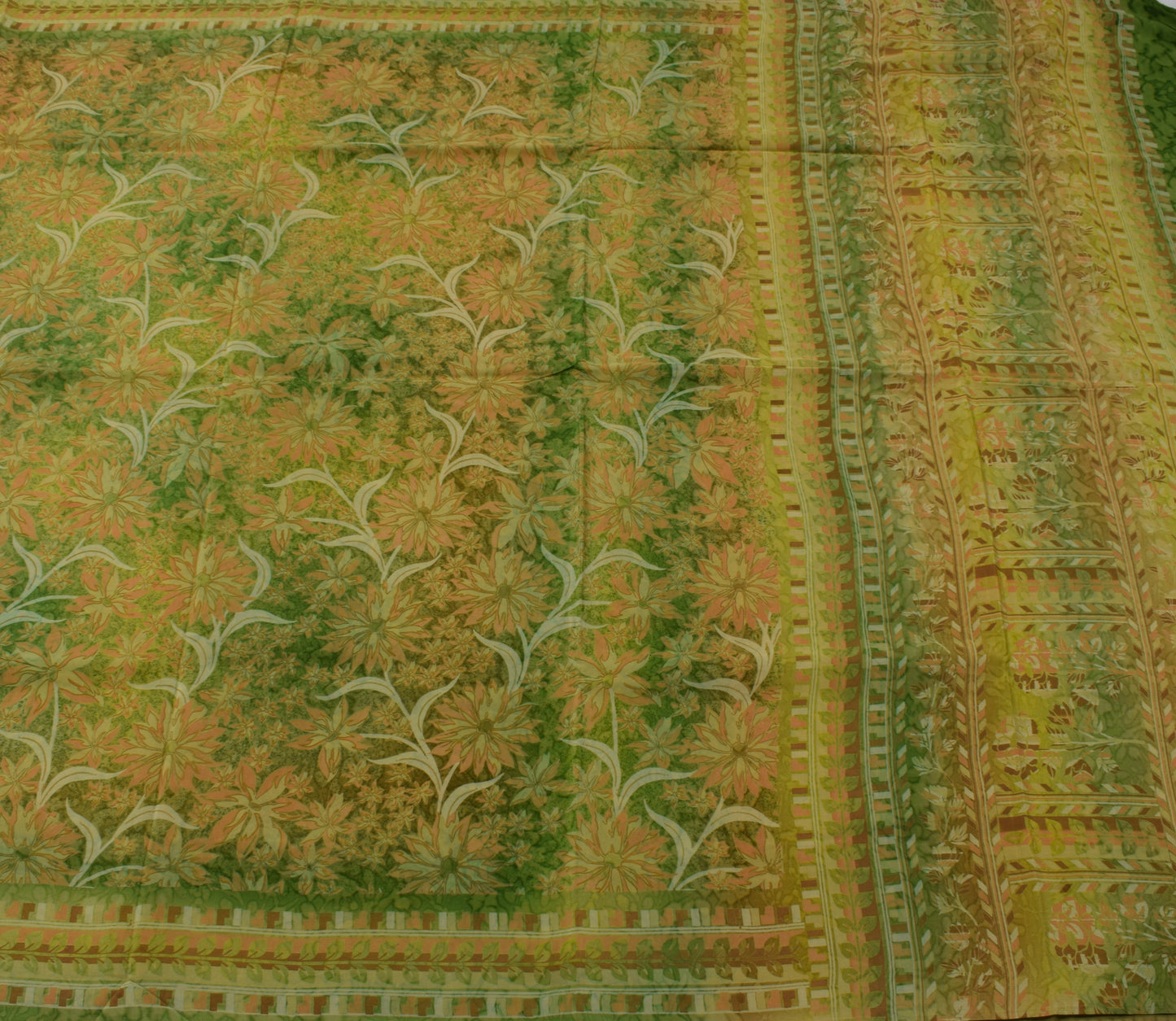 Sushila Vintage Green Saree 100% Pure Crepe Silk Printed Floral Soft 5 YD Fabric