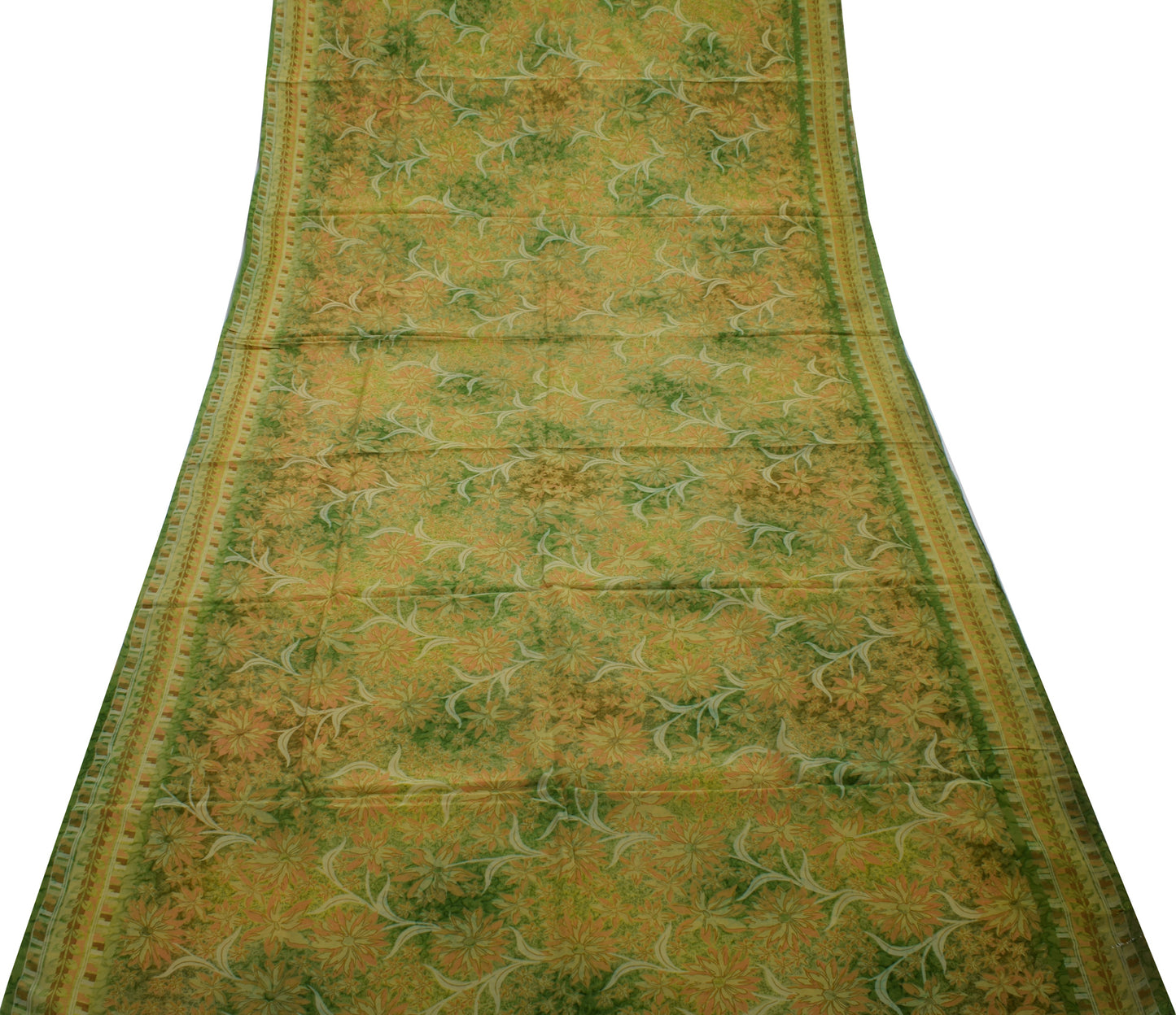 Sushila Vintage Green Saree 100% Pure Crepe Silk Printed Floral Soft 5 YD Fabric
