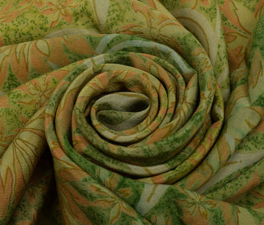 Sushila Vintage Green Saree 100% Pure Crepe Silk Printed Floral Soft 5 YD Fabric