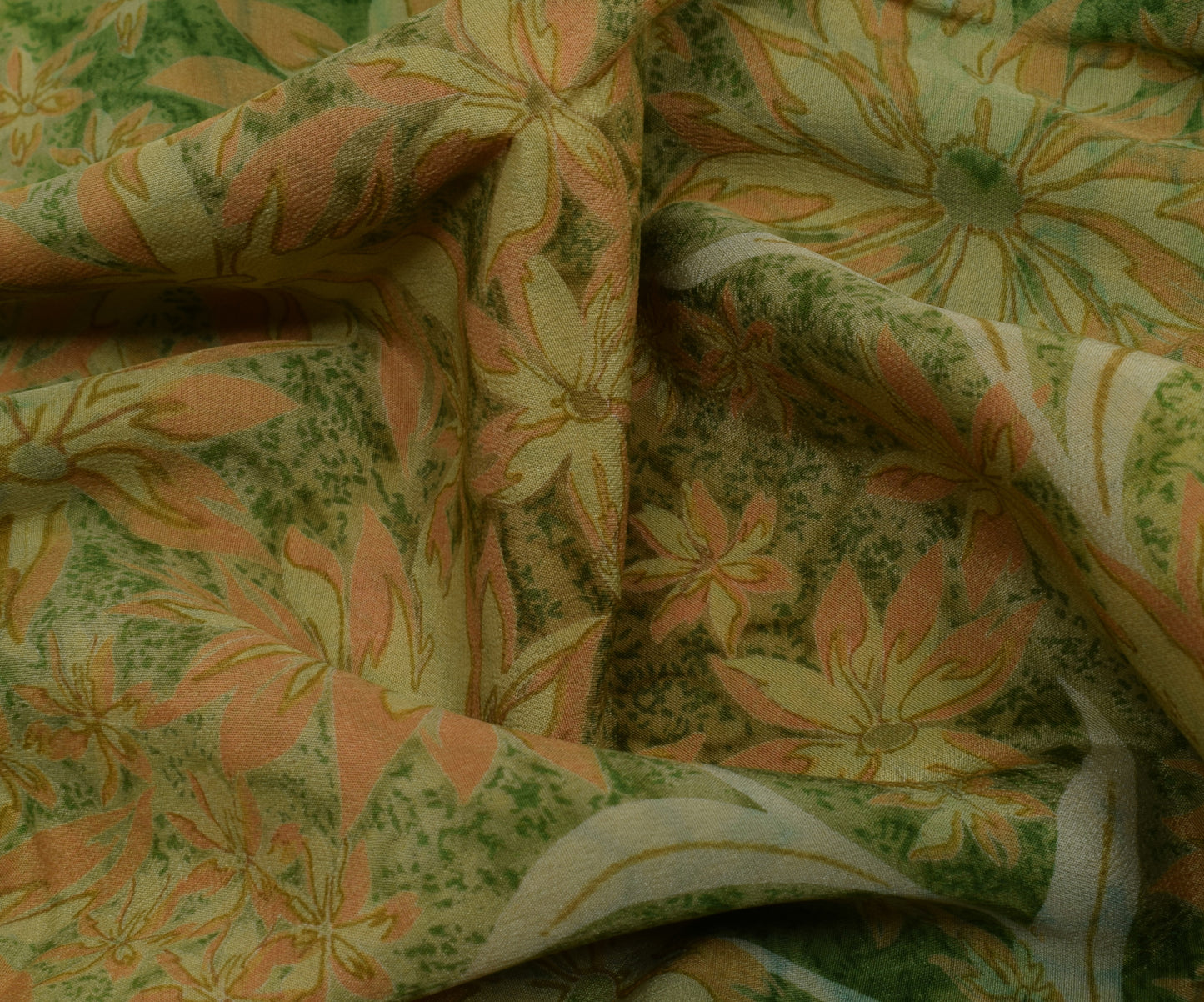 Sushila Vintage Green Saree 100% Pure Crepe Silk Printed Floral Soft 5 YD Fabric