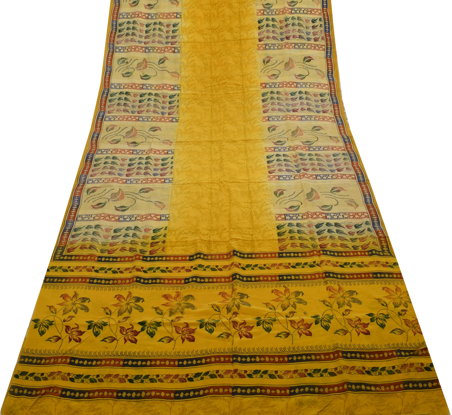 Sushila Vintage Yellow Saree 100% Pure Crepe Silk Printed Floral Soft Fabric