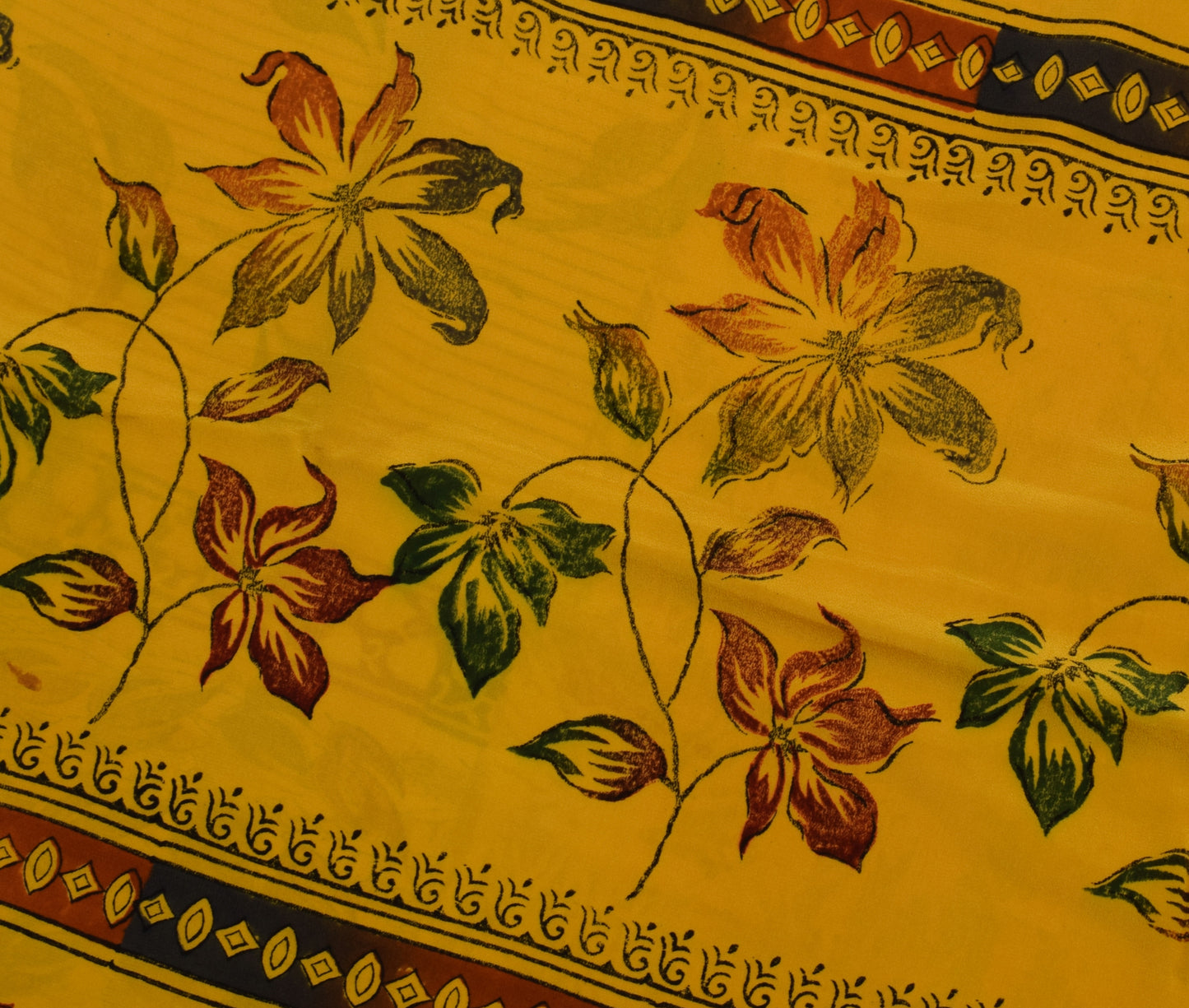 Sushila Vintage Yellow Saree 100% Pure Crepe Silk Printed Floral Soft Fabric
