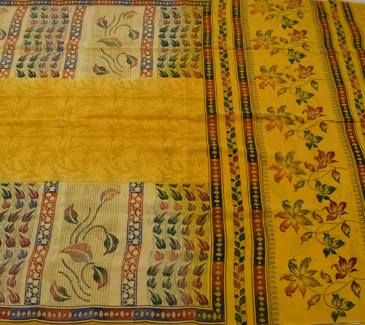 Sushila Vintage Yellow Saree 100% Pure Crepe Silk Printed Floral Soft Fabric