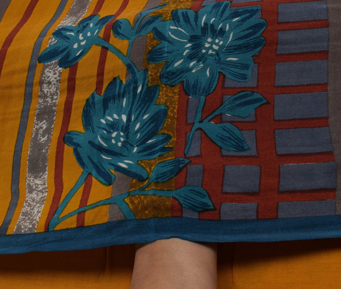 Sushila Vintage Mustard Saree 100% Pure Crepe Silk Printed Floral Soft Fabric