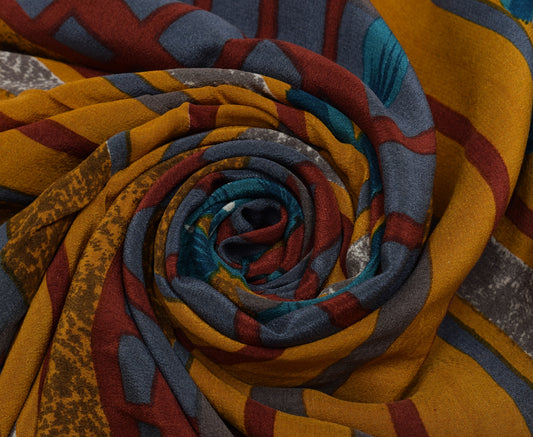 Sushila Vintage Mustard Saree 100% Pure Crepe Silk Printed Floral Soft Fabric