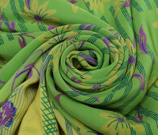 Sushila Vintage Green Saree 100% Pure Crepe Silk Printed Floral Soft Fabric