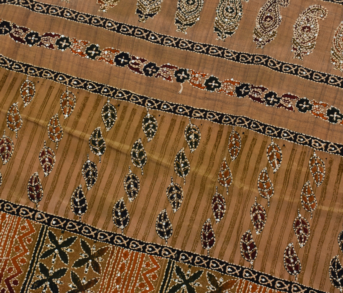 Sushila Vintage Brown Saree Pure Crepe Silk Hand Embroidered Kantha Craft Fabric