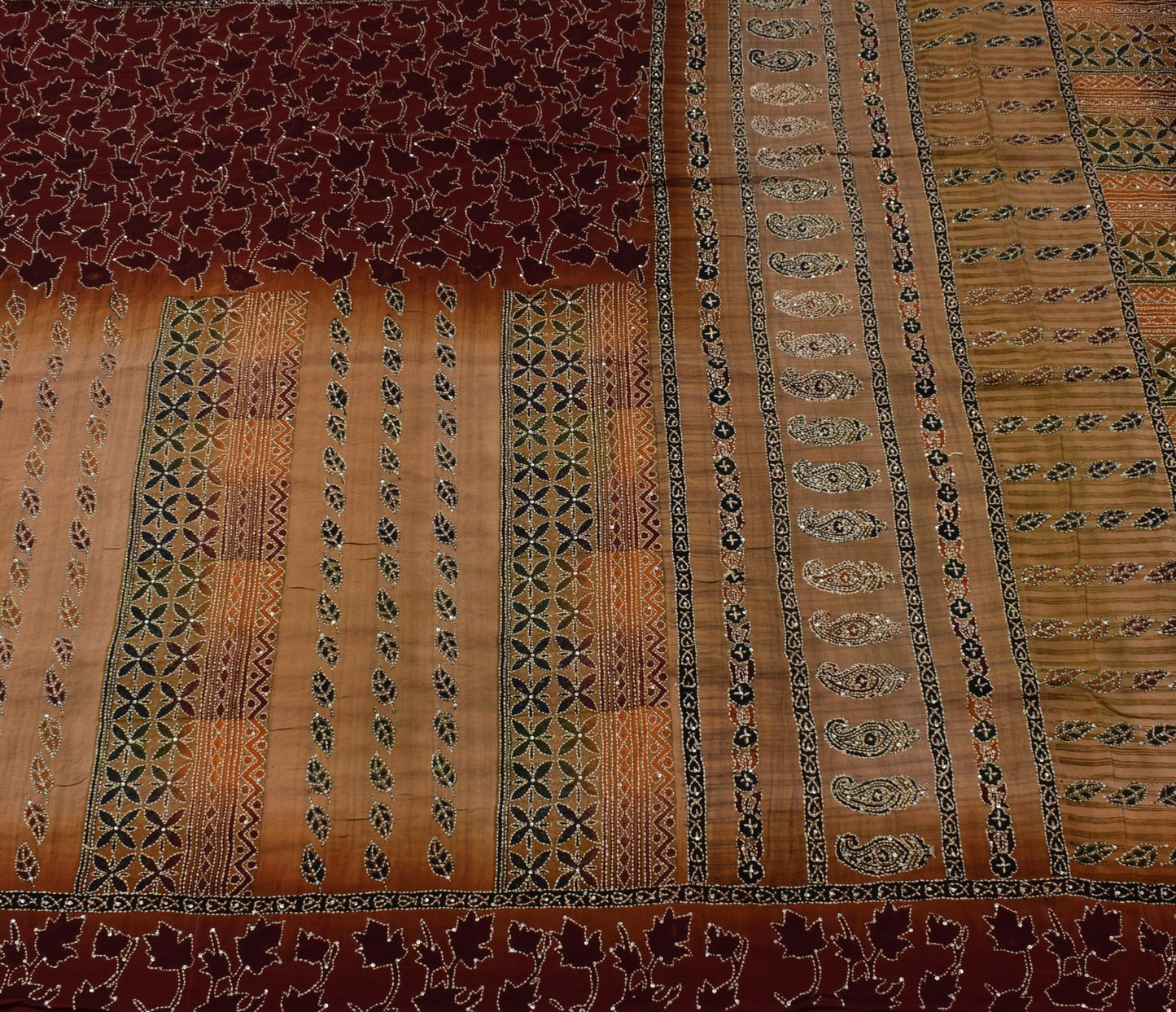 Sushila Vintage Brown Saree Pure Crepe Silk Hand Embroidered Kantha Craft Fabric