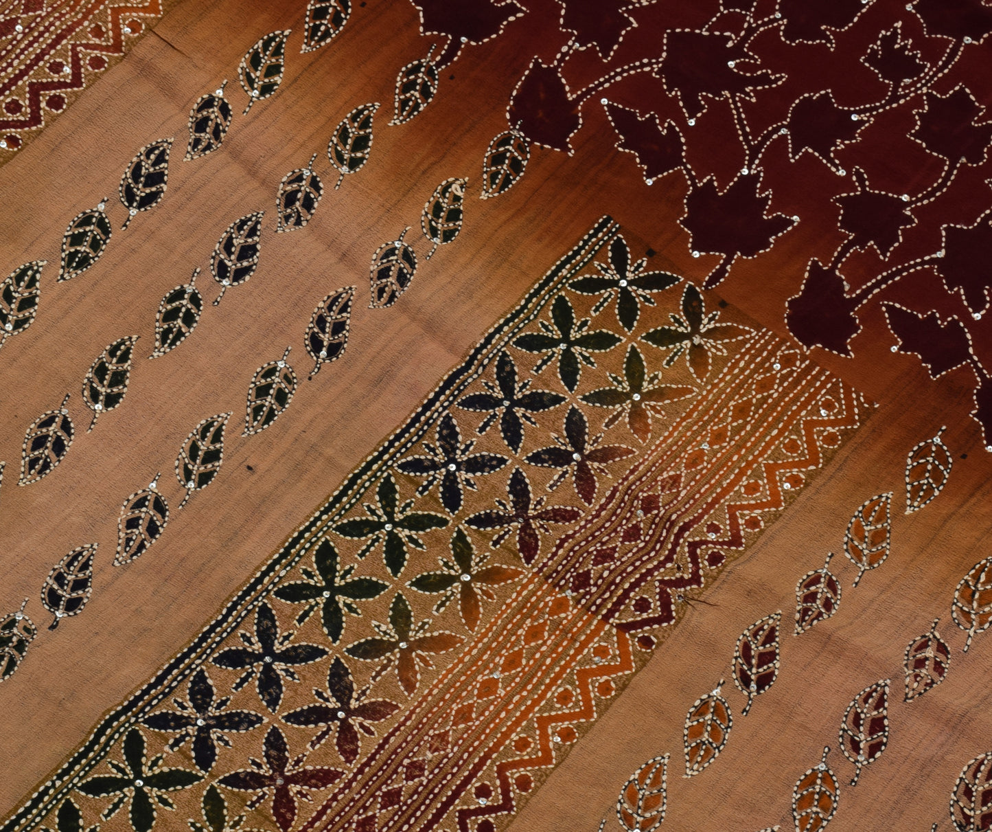 Sushila Vintage Brown Saree Pure Crepe Silk Hand Embroidered Kantha Craft Fabric