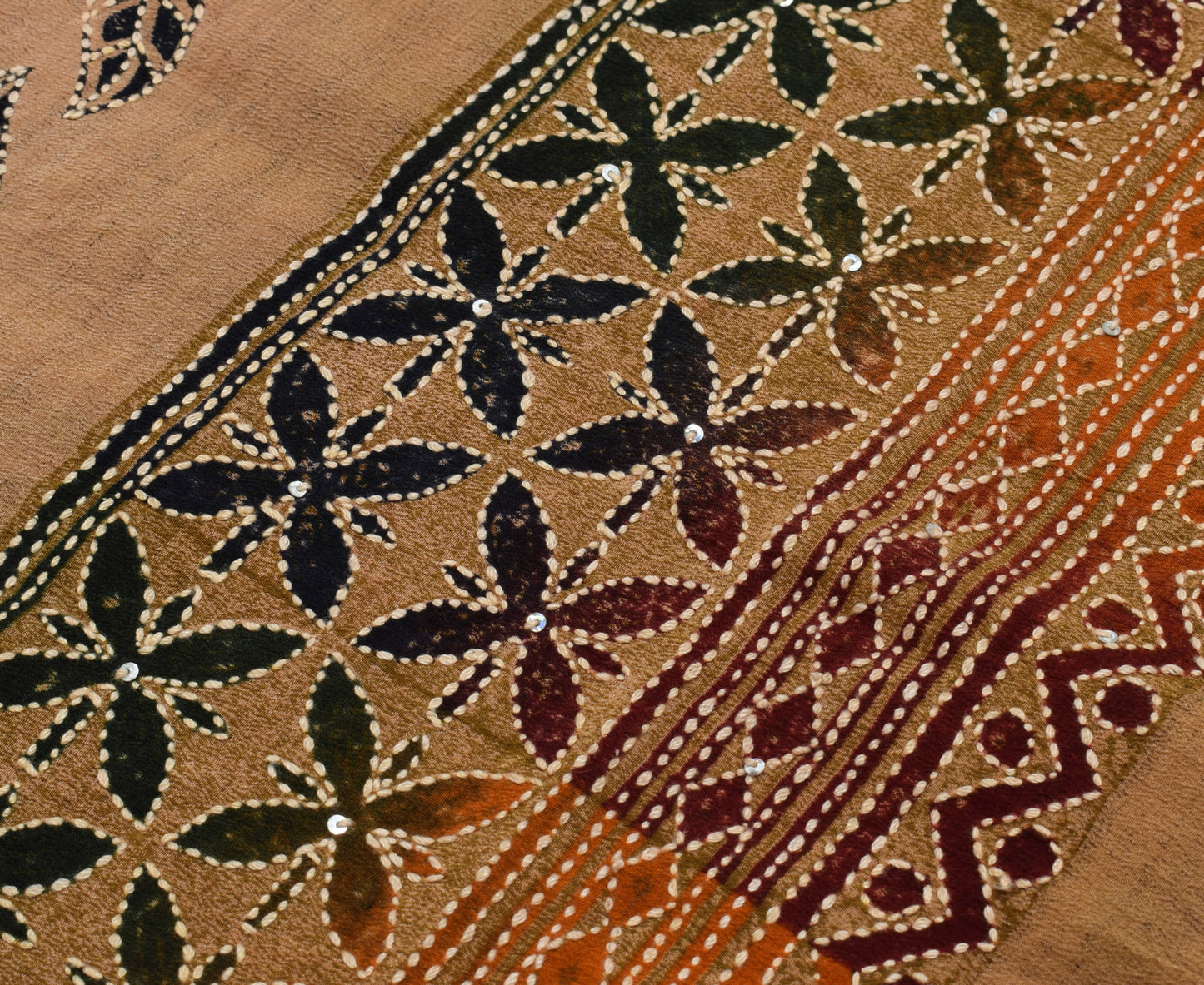 Sushila Vintage Brown Saree Pure Crepe Silk Hand Embroidered Kantha Craft Fabric