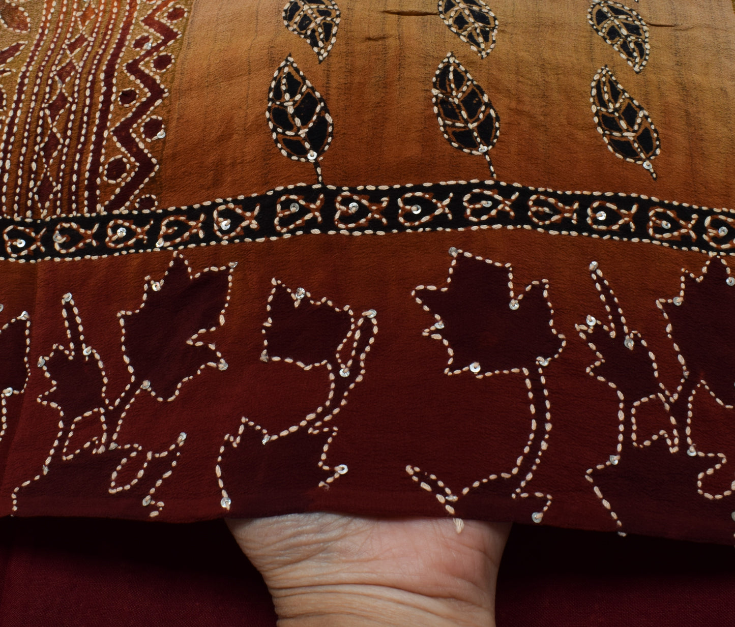 Sushila Vintage Brown Saree Pure Crepe Silk Hand Embroidered Kantha Craft Fabric