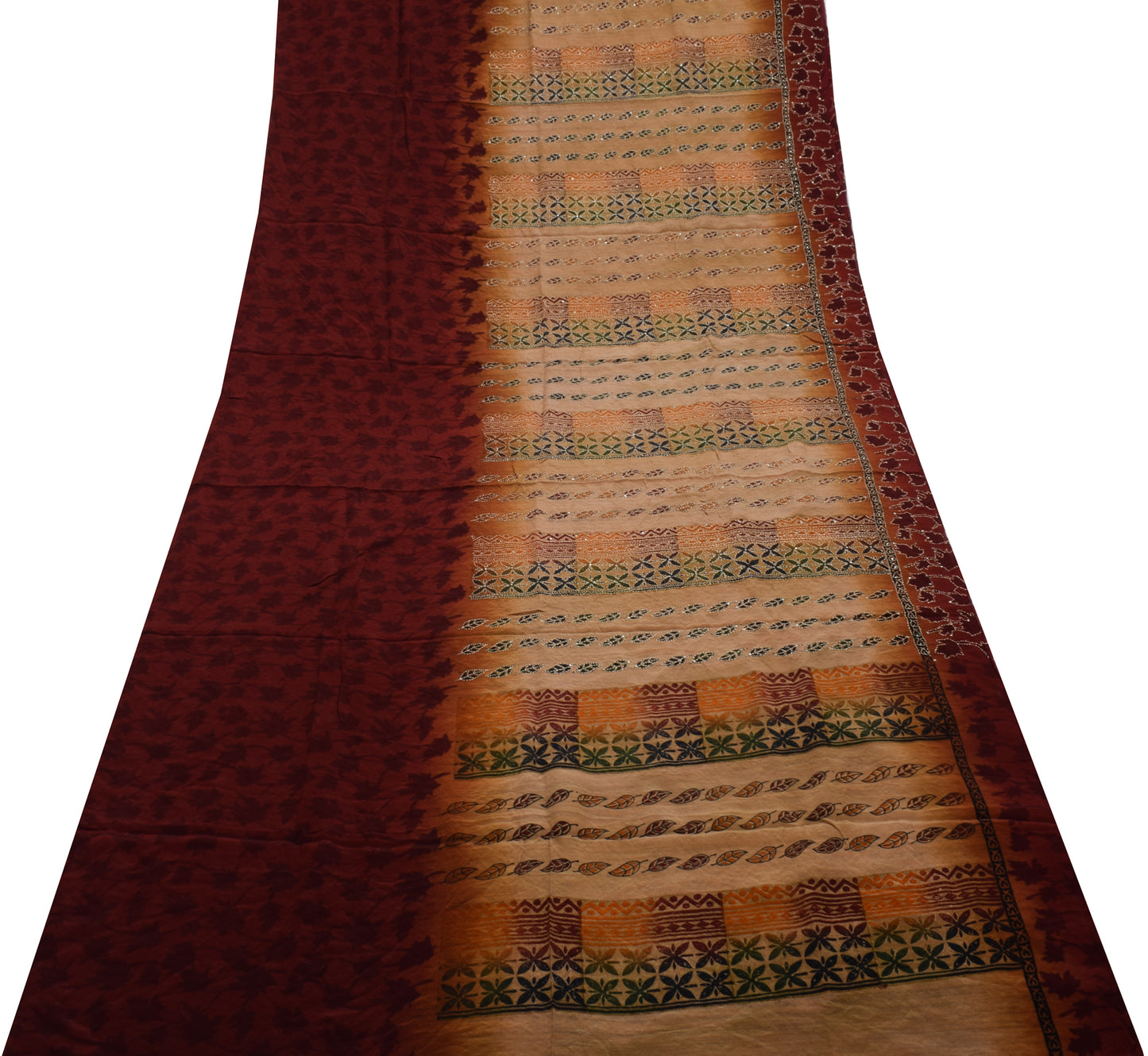 Sushila Vintage Brown Saree Pure Crepe Silk Hand Embroidered Kantha Craft Fabric