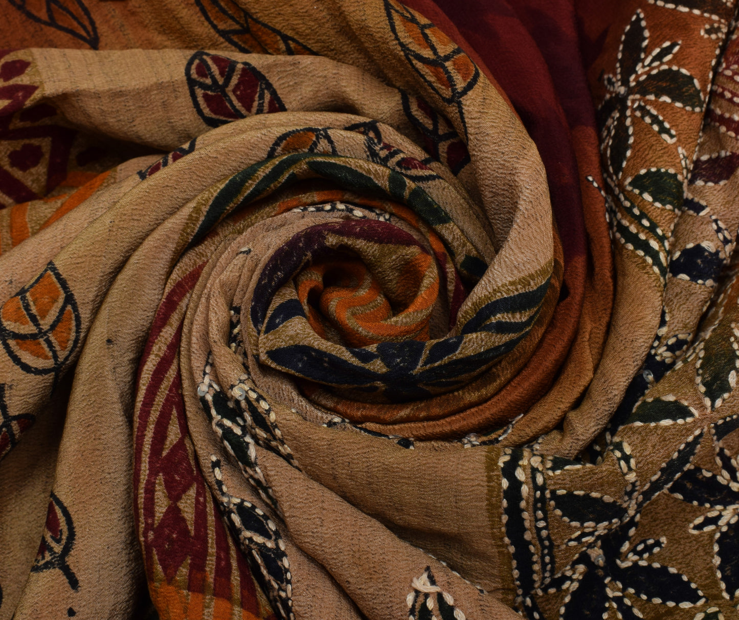 Sushila Vintage Brown Saree Pure Crepe Silk Hand Embroidered Kantha Craft Fabric