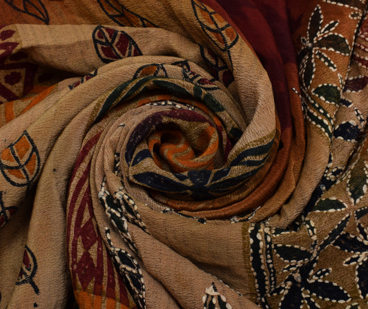 Sushila Vintage Brown Saree Pure Crepe Silk Hand Embroidered Kantha Craft Fabric