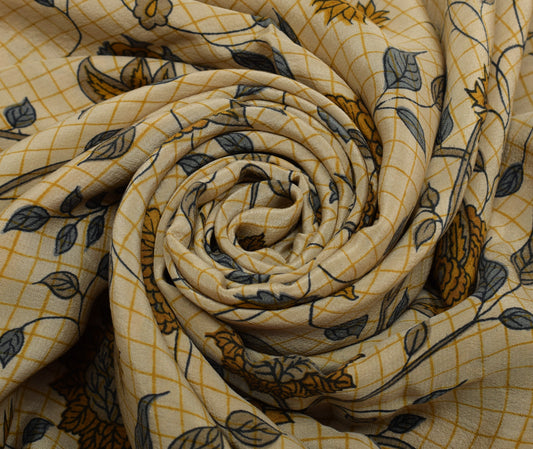 Sushila Vintage Light Brown Saree Pure Crepe Silk Printed Floral Soft Fabric